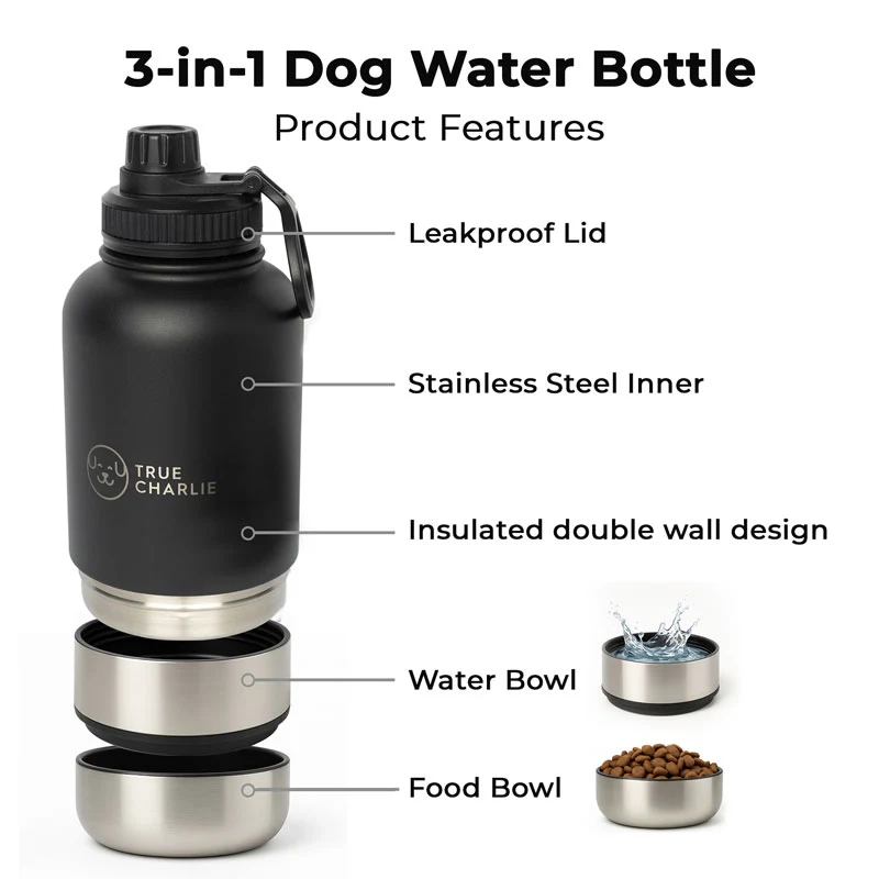 Dog Water Bottle with Bowls – Midnight Black | 1000ml Leakproof - Image 2