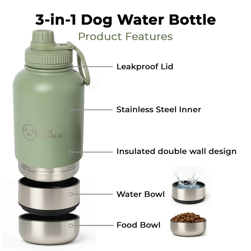 Dog Water Bottle with Bowls – Gumleaf Green | 1000ml Leakproof - Image 4