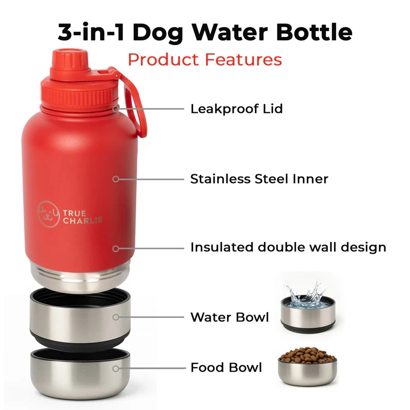 Dog Water Bottle with Bowls – Velvet Red | 1000ml Leakproof - Image 4